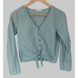 Copper Key Eyelet Tie-Front Blouse Womens M Button-up Boho Beachy Hippie Cottage
